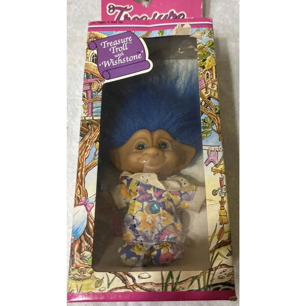 Vintage TREASURE TROLLS DOLL With Wishstone Ace Novelty  Blue Hair.  CH